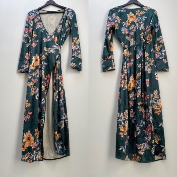 ZARA Velvet‎ Floral Kimono Wrap Dress Women Size Medium - Picture 3 of 11